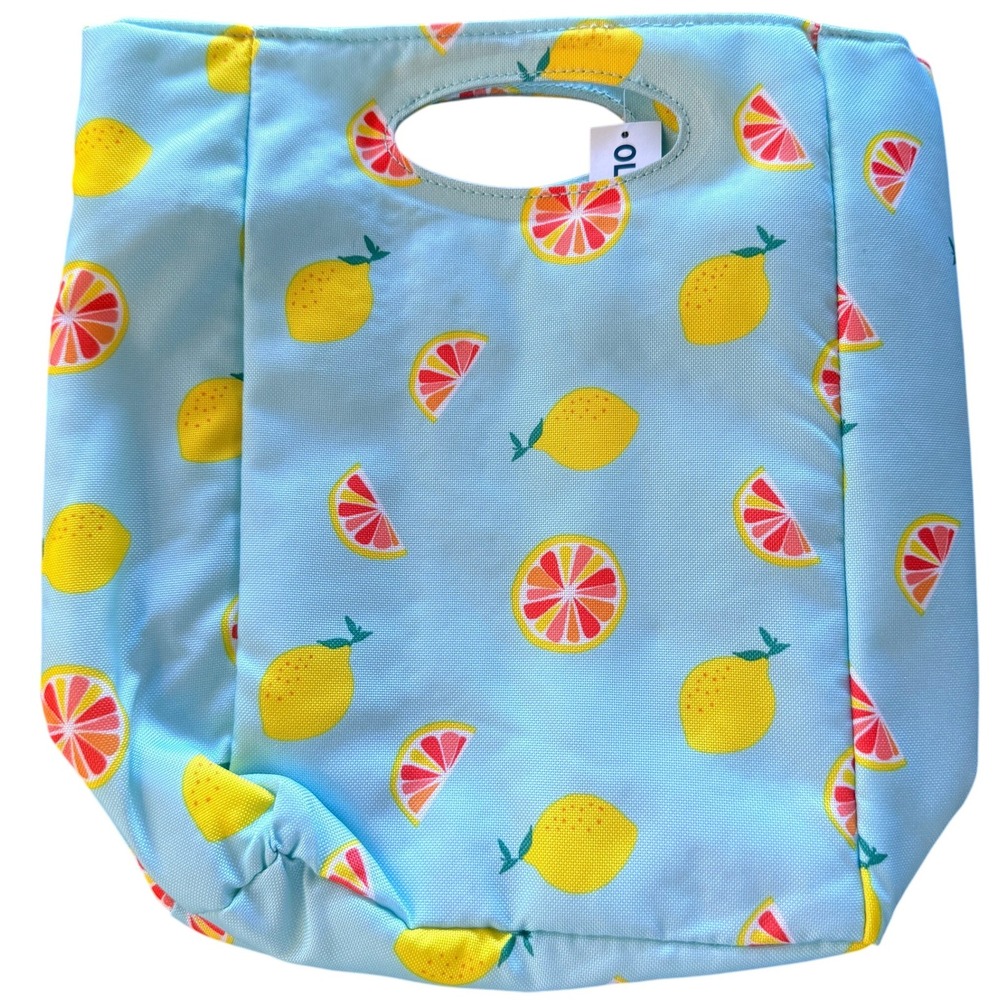 Old Navy Lemon Print Insulated Lunch Bag Zippered Cooler Blue Yellow 11x10x4 New